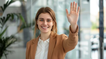 Fototapeta premium cheerful young woman with a bright smile, waving hello enthusiastically, isolated on a white background.