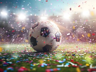 Victorious Soccer Ball in Celebratory Stadium Setting with Confetti and Spotlights