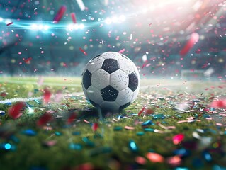 Fototapeta premium Victorious Soccer Ball Surrounded by Celebratory Confetti in Illuminated Stadium