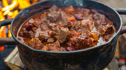 A pot of hearty wild game chili filled with chunks of moist tender venison elk and bison slowly simmering over an open fire.