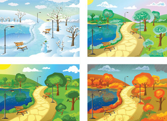 Four seasons in the park, winter, spring, summer, autumn. vector illustration in cartoon style