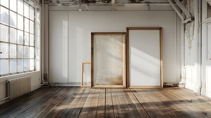 An intimate artist's studio, bathed in natural light, showcasing two large, rustic wooden frames resting against a stark white wall, each containing a pristine, blank canvas.