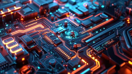 Obraz premium Glowing Circuit Board with intricate connections and components. Futuristic technology, AI, and computing concept.