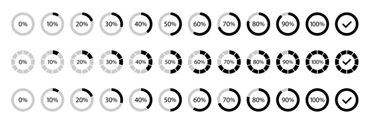 Circle loading and circle progress collection. Set of circle percentage diagrams for infographics, 0, 10, 20, 30, 40, 50, 60, 70, 80, 90, 100 percent.