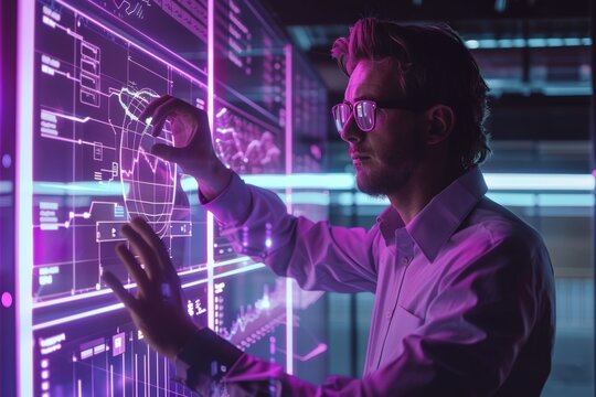 A man in glasses interacts with a large digital screen displaying data and graphs.  The screen is illuminated with a vibrant purple glow.