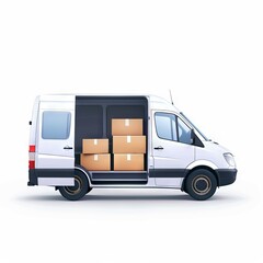 White delivery van with cardboard boxes in the back. Ideal for shipping, courier services, and logistics purposes.