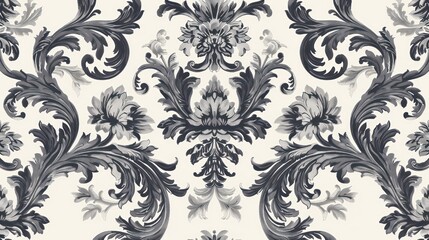 Elegant floral damask pattern in grayscale on a light background.