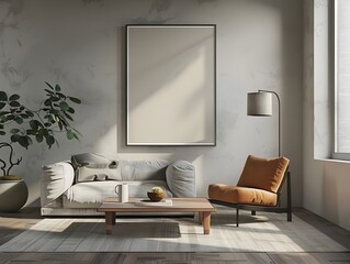 Mockup poster frame close up, 3d render, cozy interior