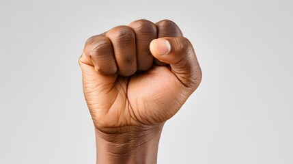 Photo of A man's fist raised in the air, symbolizing strength and determination on white background.