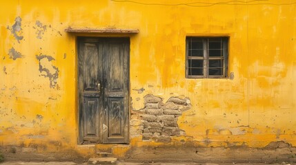 Vintage yellow wall with weathered wooden door and window frame.
