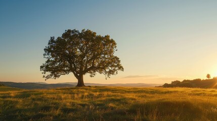 Fototapeta premium A solitary oak tree in a rural landscape, its branches outlined against the setting sun's warm light