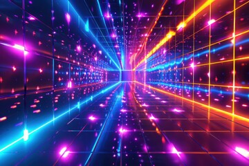 Neon lights tunnel in vibrant colors. Futuristic, abstract background.