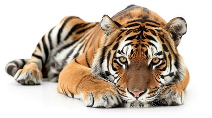 Obraz premium Close-up of a tiger lying down, isolated on white, highlighting its intense gaze and striped fur