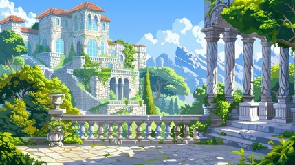 Obraz premium Pixel art game level background, 8 bit, landscape, arcade video game, pixel art ruins of ancient city, temple. Beauty.