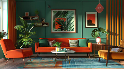 Dive into a Mid-Century Modern-inspired living space, featuring clean lines, organic shapes, and bold colors like retro orange and teal.