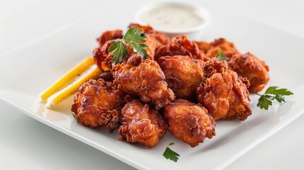 Fototapeta premium Crispy fried chicken pieces arranged neatly on a white plate, isolated for a mouthwatering food photography