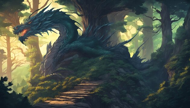 Celestial Green Dragon in The Mystical Forest Wallpaper Illustration