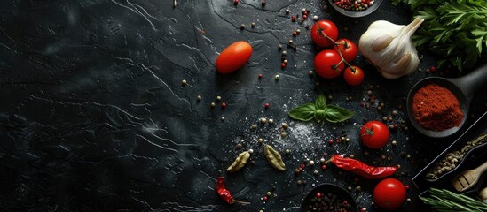 Cooking background with a black stone surface, featuring a variety of spices and vegetables, photographed from above with an empty space for text.
