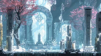 Pixel art game level background, 8 bit, landscape, arcade video game, pixel art ruins of ancient city, temple. Beauty.