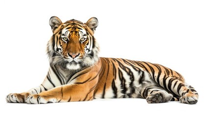 Obraz premium Full-body view of a tiger at rest, isolated against a white backdrop, emphasizing its powerful build