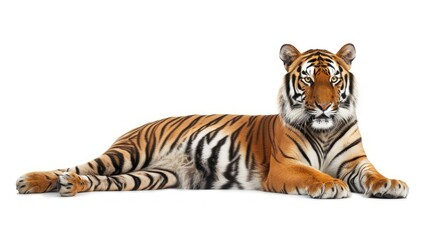 Obraz premium Full-body view of a tiger lying on its side, isolated on white, capturing its powerful yet calm presence