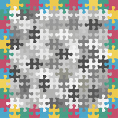 Colorful puzzle frame and grey pieces background stock vector.