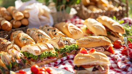 A quaint picnic blanket is adorned with a variety of gourmet sandwiches homemade spreads and freshly baked pastries all made from local ingredients.