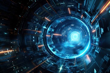 Futuristic Technology. Glowing Blue Portal in a Dark Circular Tunnel, Perfect for Sci-Fi and Technology Concepts