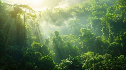 Obraz premium Morning light on a tropical green tree mountain forest, highlighting the rich foliage and serene landscape