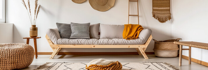 Residential interiors design composition in warm tone with natural window lighting, stylish furniture and copy space. Rustic Real Estate advertising composition.