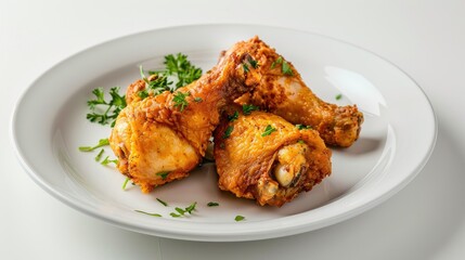 Tasty fried chicken pieces served on a clean white plate, isolated for a mouthwatering food photography