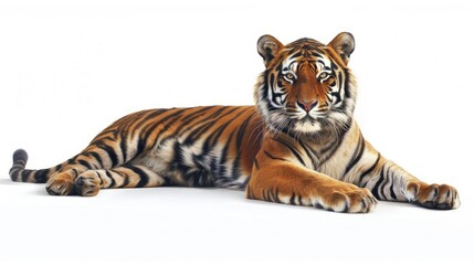 Obraz premium Tiger lounging gracefully, isolated on white, capturing its relaxed yet alert demeanor