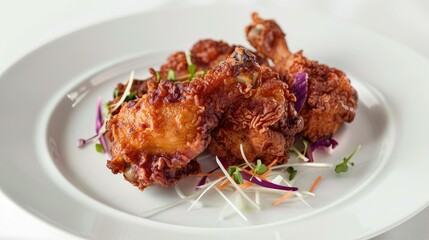 Tender fried chicken pieces served elegantly on a white plate against a minimalist white backdrop, appealing to food enthusiasts