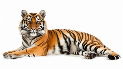 Fototapeta premium Tiger lying down with a focused gaze, isolated on a clean white background, showcasing its regal beauty