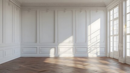 Obraz premium white wall with white moulding, white panelled walls, empty room, white walls, wood floor.