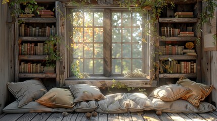Cozy window seat with pillows and bookshelves, bathed in warm sunlight. Perfect for reading or relaxing.