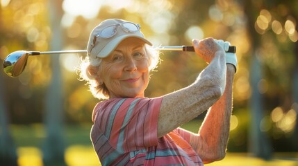 Happy Senior woman playing golf, an active senior lady with white hair wearing a cap and swinging the golf club. 