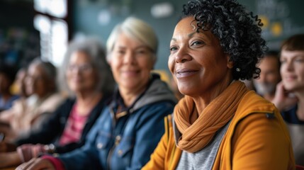 Group of senior adults in a classroom or seated in a seminar or a conference. Acticve diverse senior citiziens concept.
