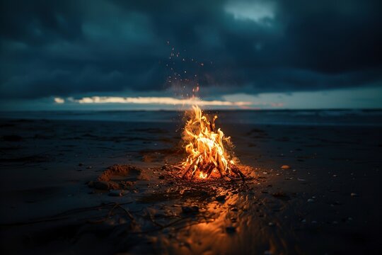 Fogata encendida en la playa al atardecer con cielo nublado