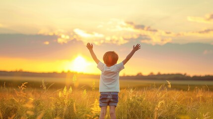 Child Celebrating Sunset in a Field