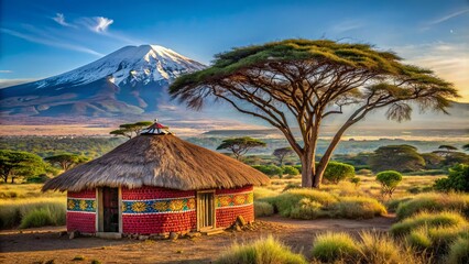 Vibrant beadwork-adorned traditional Maasai hut amidst acacia trees in serene Kenyan savannah landscape with majestic Mount Kilimanjaro backdrop.