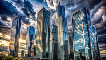 Obraz premium Modern urban skyscrapers with sleek glass and steel facades set against a somber greytones cityscape with dramatic cloud formations.