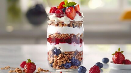 A mason jar layered with fresh berries honeysweetened yogurt and crunchy granola for a refreshing parfait.