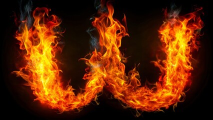 Flames engulf a fiery, blazing, bright, abstract, red, orange, yellow alphabet letter line, isolated on a dark, mysterious background.