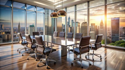 Modern conference room with sleek glass table, high-back leather chairs, and stunning city skyline view through floor-to-ceiling windows.