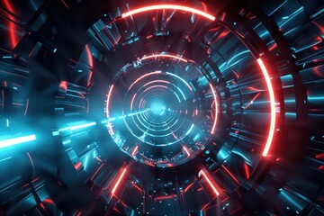 Fototapeta premium Futuristic Technology Background. Glowing Neon Tunnel with Blue and Red Lights. Perfect for Gaming, Music, or Sci-Fi Projects