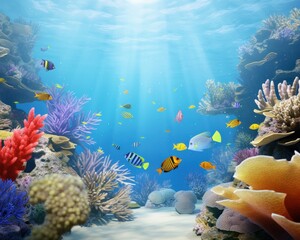 Naklejka premium Vibrant coral reef teeming with colorful fish, bathed in sunlight. A serene underwater scene.