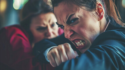 Businesswoman landing a strong punch on her opponents jaw.