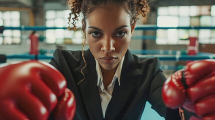 Businesswoman practicing her footwork in the ring.