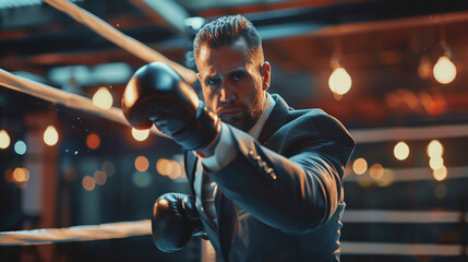 Corporate leader practicing his boxing stance in the gym.